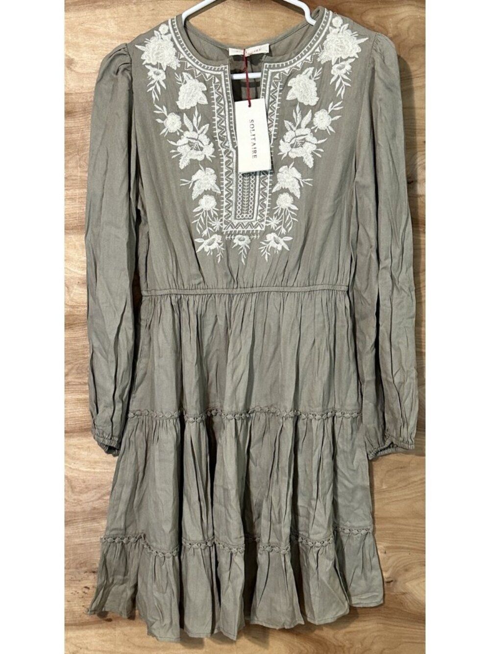 NWT Solitaire Small Sage Embroidered Boho  Peasant Tiered Dress Pockets Handmade